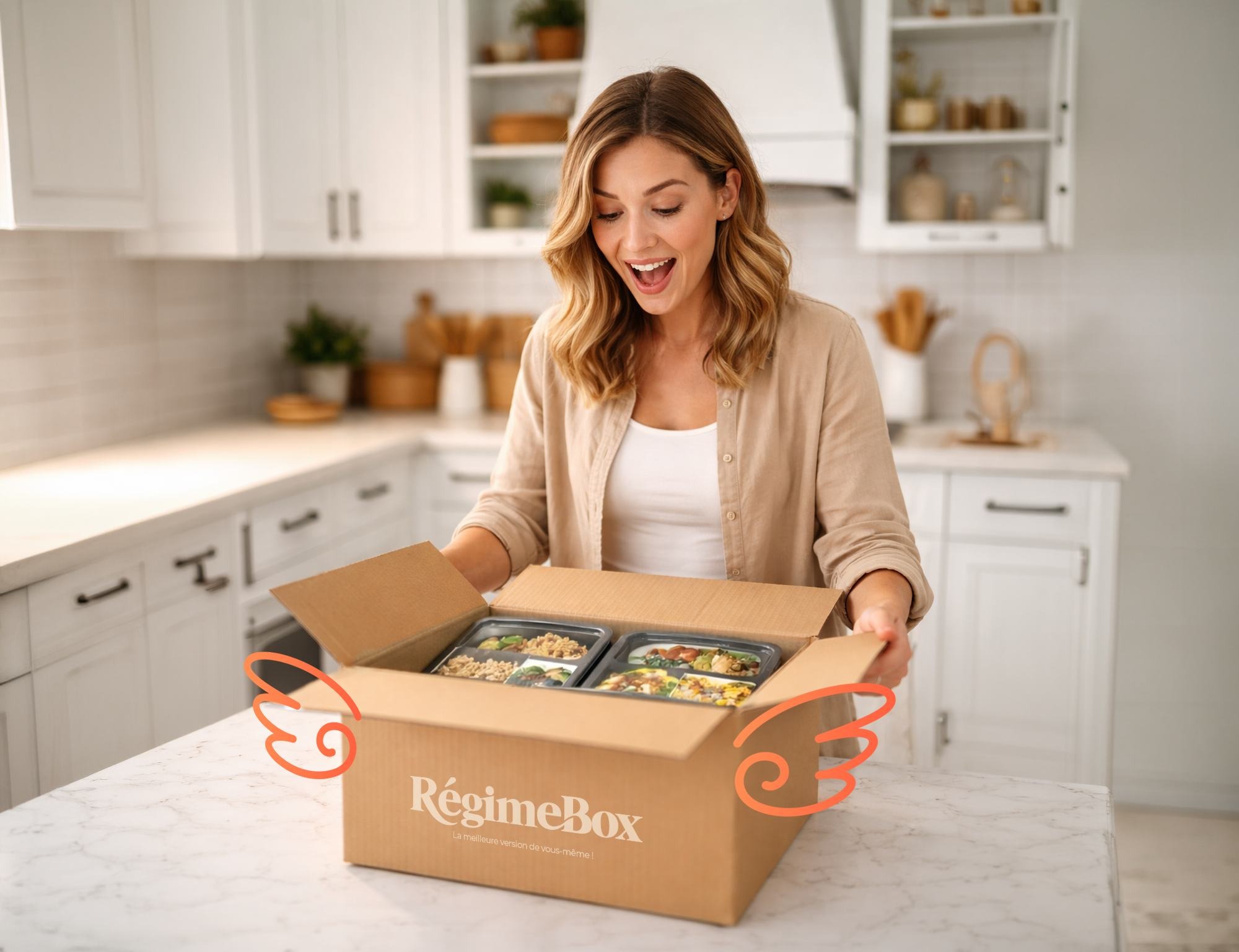 Box RégimeBox ouverte sur un plan de cuisine